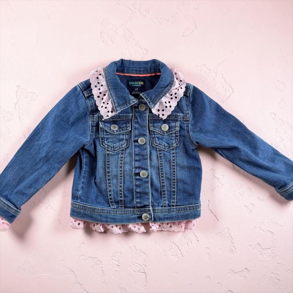 Genuine Kids OshKosh Girls 3T Denim Jacket Pink Eyelet Lace Trim Blue Trucker